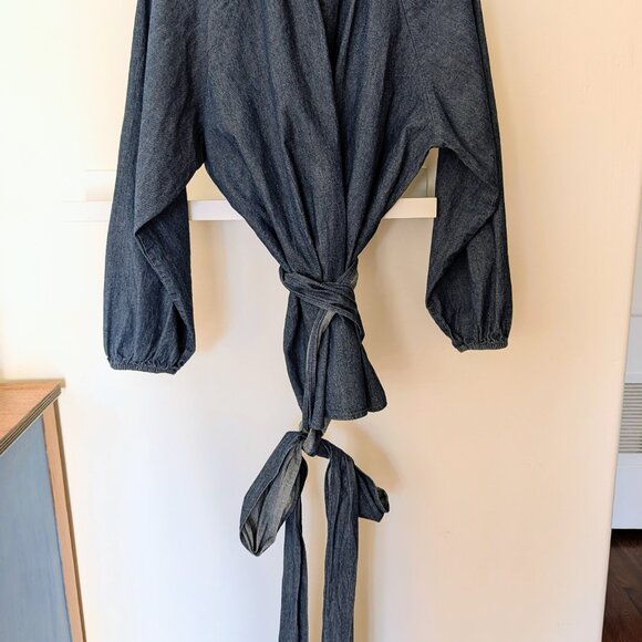 Eloquii Plus Size 16 Dramatic Faux Wrap Dark Blue Chambray Denim Blouse EUC - Picture 6 of 6